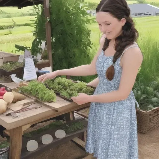 Scene 9: A rustic farm-to-table restaurant on a sunny afternoon. The woman wears a flowing, patterned sundress paired with sandals that allow her to comfortably explore the grounds and interact with local farmers and artisans. Her hair is styled in loose w...