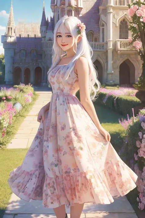 a close up of a woman in a dress standing in front of a castle