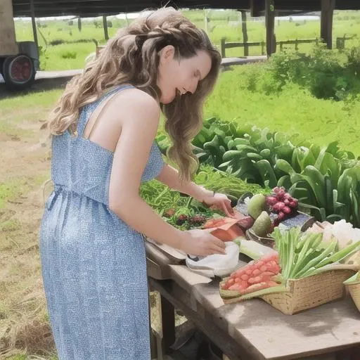 Scene 9: A rustic farm-to-table restaurant on a sunny afternoon. The woman wears a flowing, patterned sundress paired with sandals that allow her to comfortably explore the grounds and interact with local farmers and artisans. Her hair is styled in loose w...