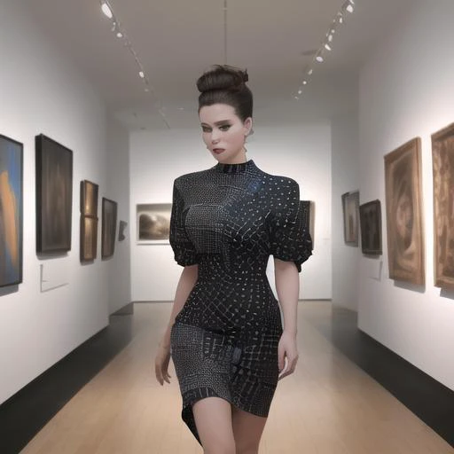 a woman in a short dress walking down a hallway next to paintings