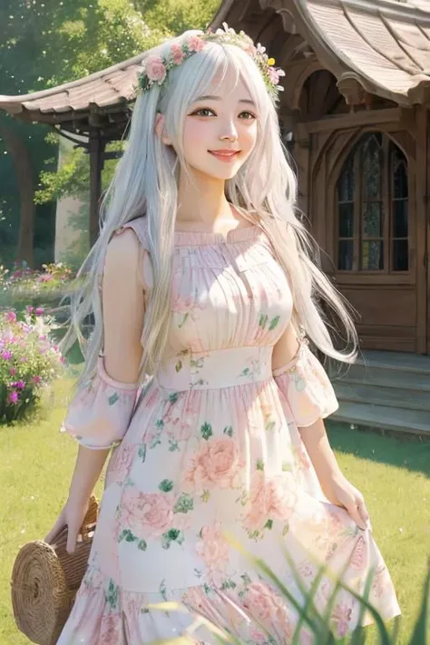 a woman with long white hair and a dress is standing in a garden