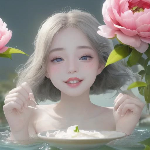 a close up of a person in a body of water with flowers