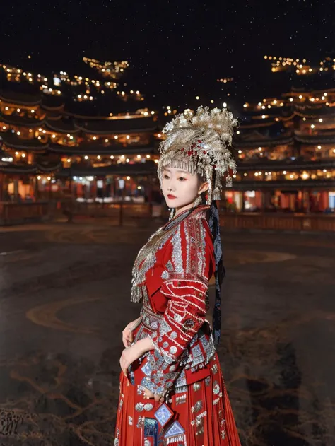 open eyes,smile,huge breasts,red theme,miaozu, Hmong, 1girl, solo, long sleeves, photo background, black hair, looking at viewer, hat, bangs, blurry background, outdoors, long hair, cowboy shot, skirt, blurry, 
(High quality, Superb lighting, Highly detail...