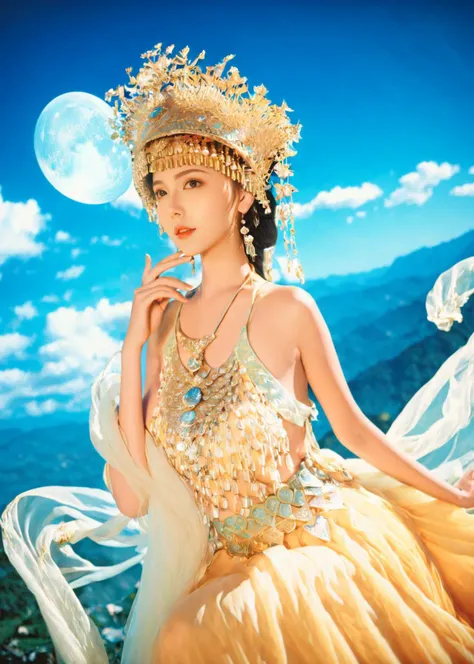 analog film photo ethereal fantasy concept art of masterpiece,ultra realistic,32k,extremely detailed CG unity 8k wallpaper, best quality,(summer day ),an asain girl ,miaozu,pose,eardrop, ,rim light  <lora:miaolan:0.95> . magnificent, celestial, ethereal, p...