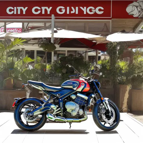 masterpiece, (best quality:1.3),sunlight, realistic, 
white motorcycle,  (city ground:1.5),cafe,potted plant,sunshade,