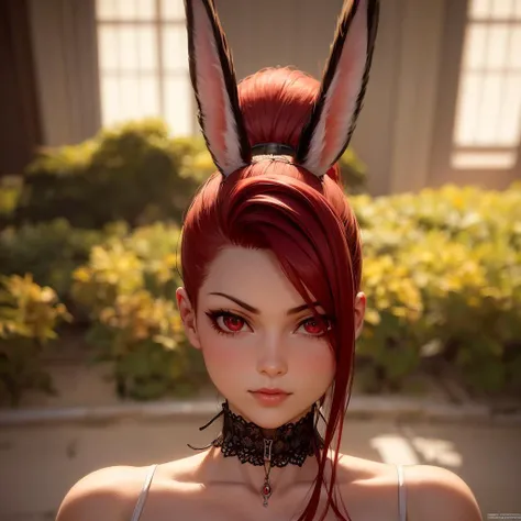 gunslinger, nsfw, RAW photo, photorealisti:, masterpiece, best quality, ultra high res, HDR, 8k resolution,
selfie, 1girl, smug, (red hair:1.2), high ponytail, red eyes, rabbit ears, cleavage, medium breasts, intricate lingerie, choker