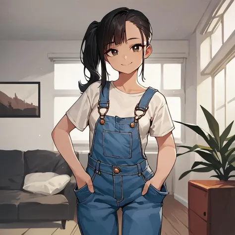 score_9, score_8_up, score_7_up, score_6_up, score_5_up, score_4_up, source_anime, 1girl, solo, petite, black hair, side ponytail, small breasts, suspenders, shirt, skirt, overalls, front pocket, loose strand, looking at viewer, love, smile, living room,