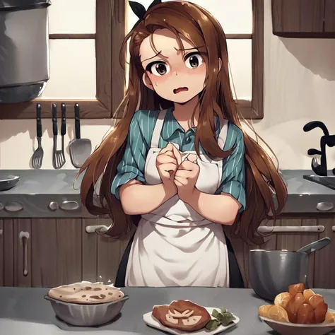 anime girl in apron standing in kitchen with food on counter