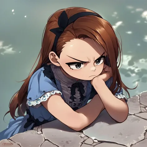 score_9, score_8_up, score_7_up, score_6_up, score_5_up, score_4_up, source_anime, 1girl, solo, minase iori, brown hair, hairband, blue dress, pouting, outside