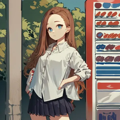 anime girl standing in front of a vending machine with a smile on her face