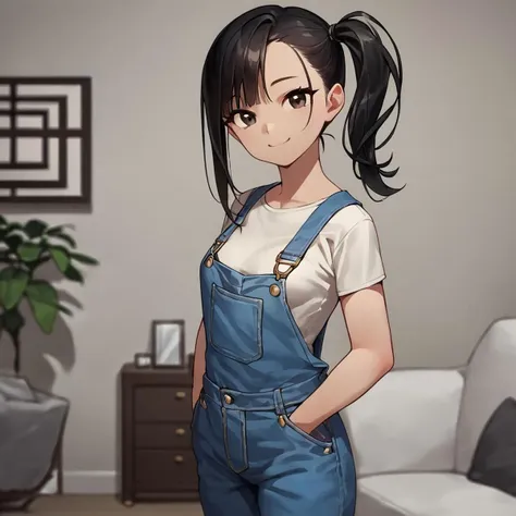 anime girl with ponytail hair and overalls standing in a living room