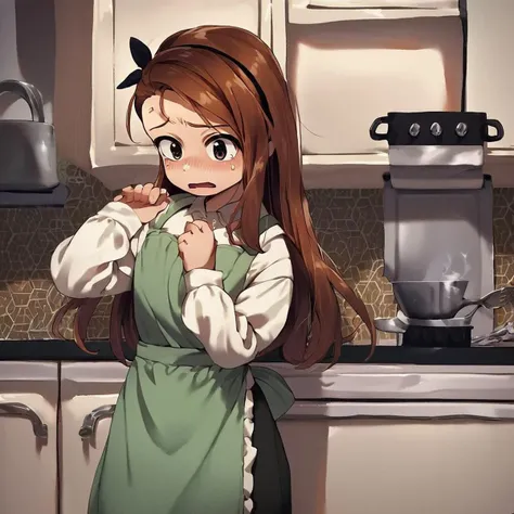 score_9, score_8_up, score_7_up, score_6_up, score_5_up, score_4_up, source_anime, 1girl, solo, minase iori, brown hair, hairband, apron, embarrassed, open mouth, blush, kitchen,