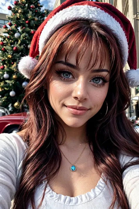 photo of (EPH4nn4hJ0:0.99), a woman, perfect hair, perfect makeup, posing, (selfie photo, fitness costume), necklace, stud earrings,
BREAK
((Christmas Eve)), (Christmas inspired tinsel), (Vintage car parade  in background:1.2),
BREAK
(closeup portrait), 24...