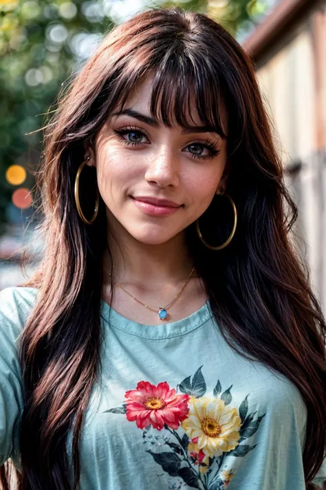 photo of (EPH4nn4hJ0:0.99), a woman, perfect hair, (long eyelashes, thick black eyeliner:1.1), posing, (selfie photo, Oversized Watercolor floral print t-shirt with a delicate and romantic color palette:1.1), ( event with quantum entanglement  in backgroun...