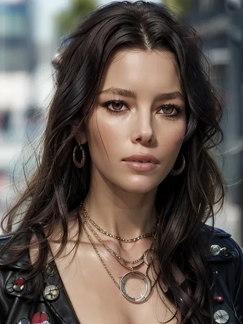 a close up of a woman wearing a black jacket and necklace