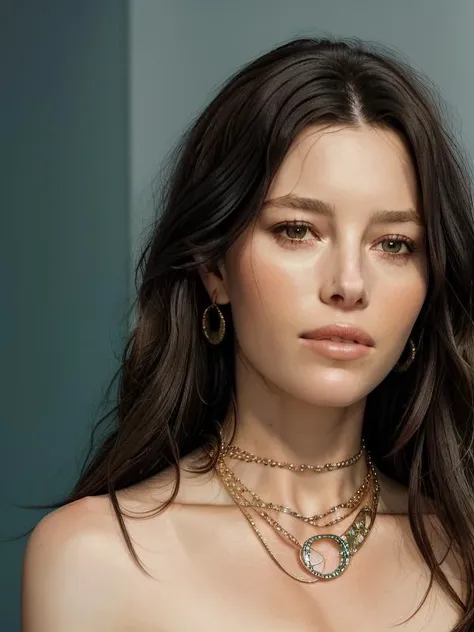 a close up of a woman with long hair wearing a necklace