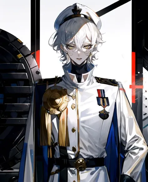 solo, 1boy, straight hair,  hair between eyes, disdain, looking at viewer, white hair, short shaggy hair, (white military uniform:1.2), yellow eyes, (white military hat:1.1), cyberpunk, science fiction, (spacecraft interior:1.2), tsurime,  <lora:Tsurime3:0...