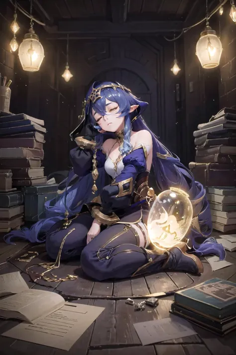 a woman in a blue dress sitting on a floor with a crystal ball