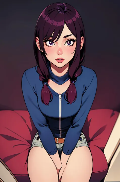 anime girl sitting on a bed with her legs crossed