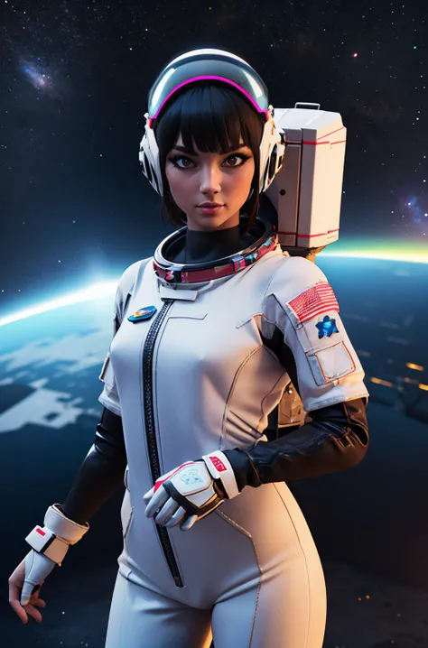 8K, (masterpiece*high detailed*highres), UHD, distinct image, (Cowboy shot), redshit style, (3D:1.4), 
Solo, looking at viewer, hairstyle, astronaut, Guardian, Neon Style, 
space,((female pov)),