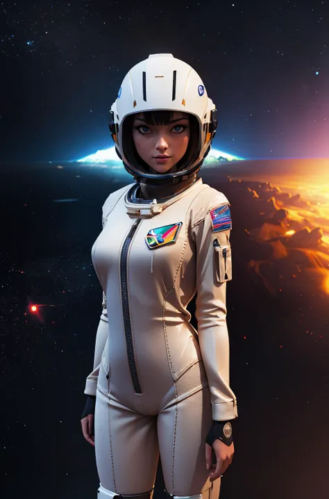 a woman in a space suit standing in front of a planet