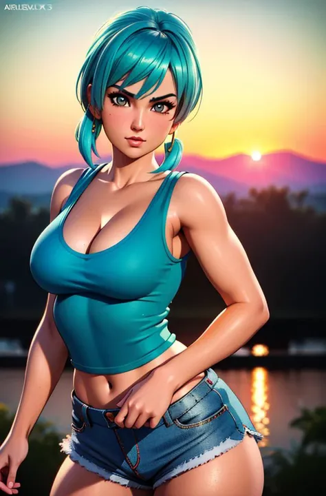 photograph of bulma wearing a tanktop and cut-off shorts, cleavage, hyperrealism, high quality, 3d, highly detailed, (highly detailed face, natural skin texture), masterpiece, absurdres, 4k, hdr, ultra sharpness, by artgerm, (by holly randall, fujifilm xt3...