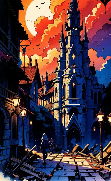 a poster of a man walking down a street next to a castle