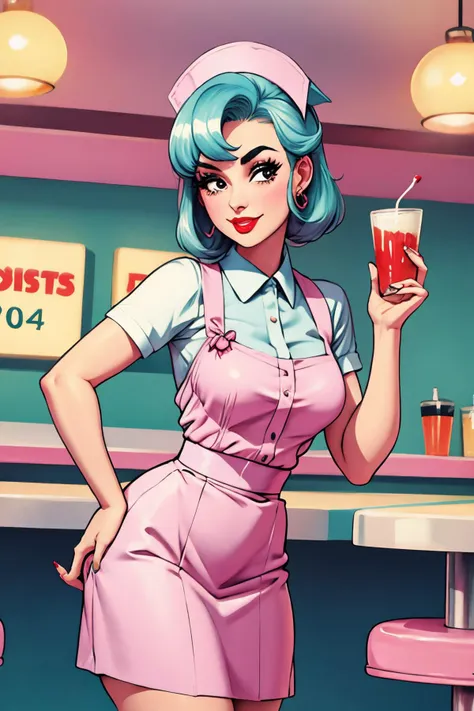 a close up of a cartoon of a woman holding a drink