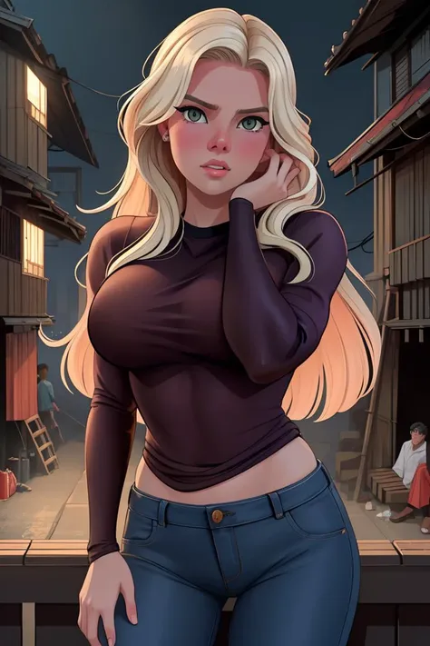 a cartoon image of a blonde woman in jeans and a black top