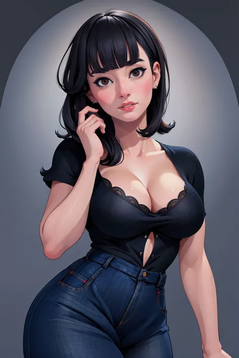 8K, (best quality:1.3), (masterpiece:1.3), (detailed:1.2), distinct image, Solo, black hair, bangs, pinup pose, volumetric lighting, artistic background, realistic proportions