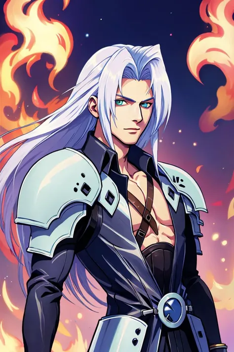 sephiroth, final fantasy, white hair, armor, shoulder pads, background of flames, masterpiece, best quality, cg, wallpaper, hdr,...