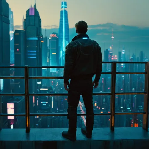 cinematic film still of  <lora:Cyberpunk Style:1>
a man standing on a ledge in a futuristic city,bionic,transhuman,Dystopia,Dystopian,kakotopia,Science fiction,high tech,low life,societal collapse,Artificial,Posthuman,future,futuristic,Artificial intellige...