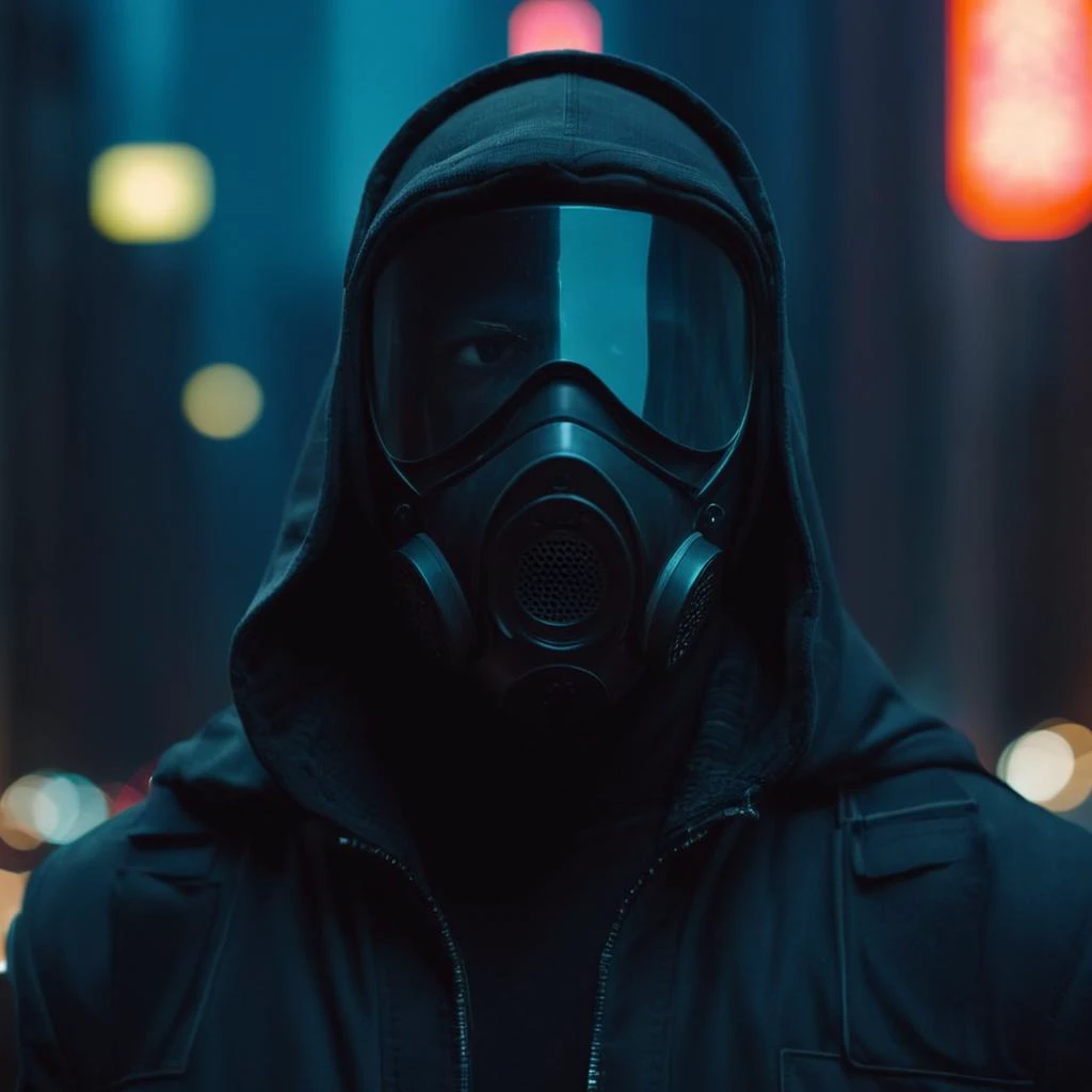 cinematic film still of  <lora:Cyberpunk Style:1>
a man in a hood and mask in a city,bionic,transhuman,Dystopia,Dystopian,kakotopia,Science fiction,high tech,low life,societal collapse,Artificial,Posthuman,future,futuristic,Artificial intelligence,Cyborg,g...