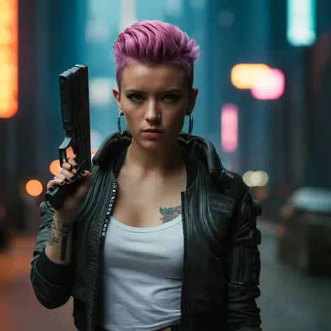 cinematic film still of  <lora:Cyberpunk Style:1>
a woman holding a gun in a city,bionic,transhuman,Dystopia,Dystopian,kakotopia,Science fiction,high tech,low life,societal collapse,Artificial,Posthuman,future,futuristic,Artificial intelligence,Cyborg,gene...