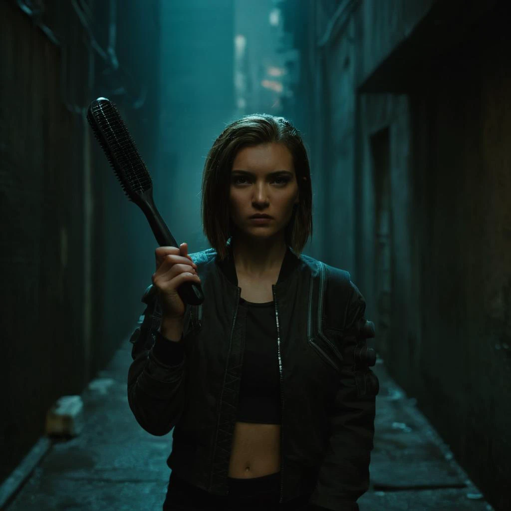 cinematic film still of  <lora:Cyberpunk Style:1>
a woman holding a hair brush in a dark alley,bionic,transhuman,Dystopia,Dystopian,kakotopia,Science fiction,high tech,low life,societal collapse,Artificial,Posthuman,future,futuristic,Artificial intelligenc...