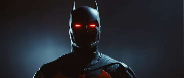 a man in a batman costume with red eyes