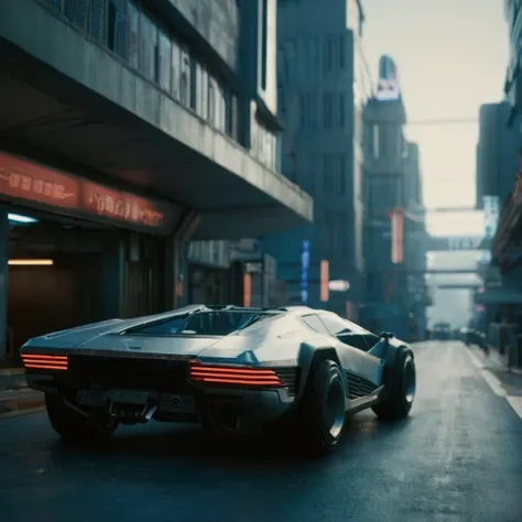 a car driving down a street in a city at night