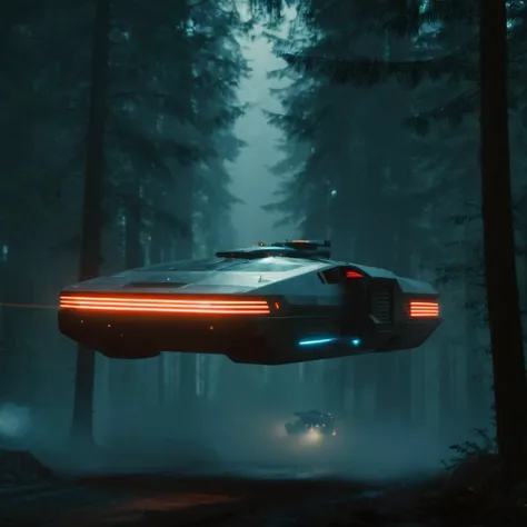 a futuristic car flying through the air in a forest