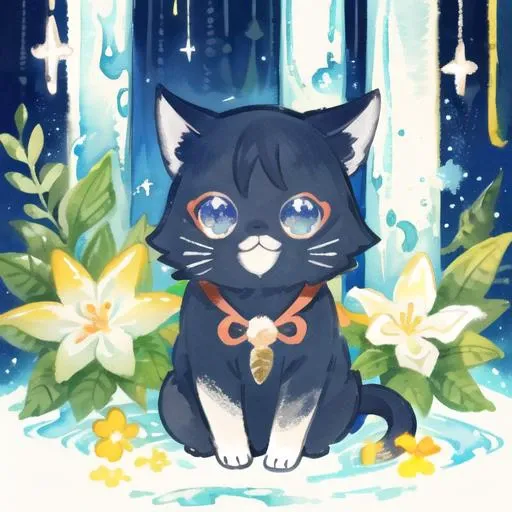 masterpiece, best quality, stylish, (watery watercolor:1.1), <lora:Scaracat:0.8>, kawaii, animal focus, solo, Scaracat, cat, sitting cat, smile, sweet face, small cat, shiny eyes, multicolored background, glitter, colorful lights, flowers