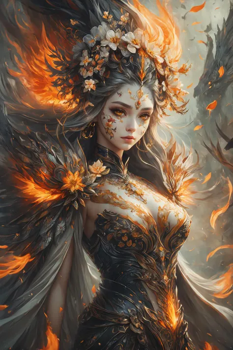 (fantasy art style:1.4), (masterpiece, best quality:1.2) , 1girl, portrait, (stunningly beautiful face:1.3), (flower pattern facial mark:1.3), medium breasts, (solo:1.3) <lora:Fire queen - Joho:0.8>, fire armor