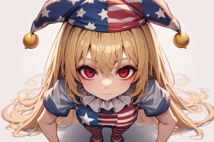 masterpiece, suujiniku, clownpiece, jester cap, star print, fairy wings, pink eyes, short sleeves, polka dot headwear, short dress, hair between eyes, blonde hair, standing, torch, bangs, american flag dress, very long hair, full body, striped dress, star ...