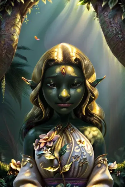 a painting of a woman with green skin and gold hair