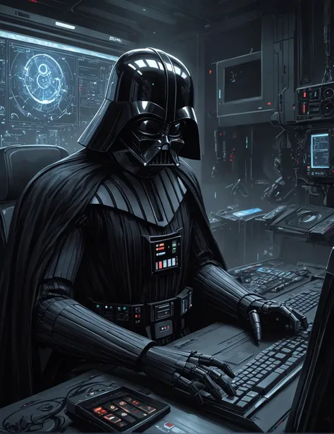 darth vader is sitting at a computer desk with a keyboard