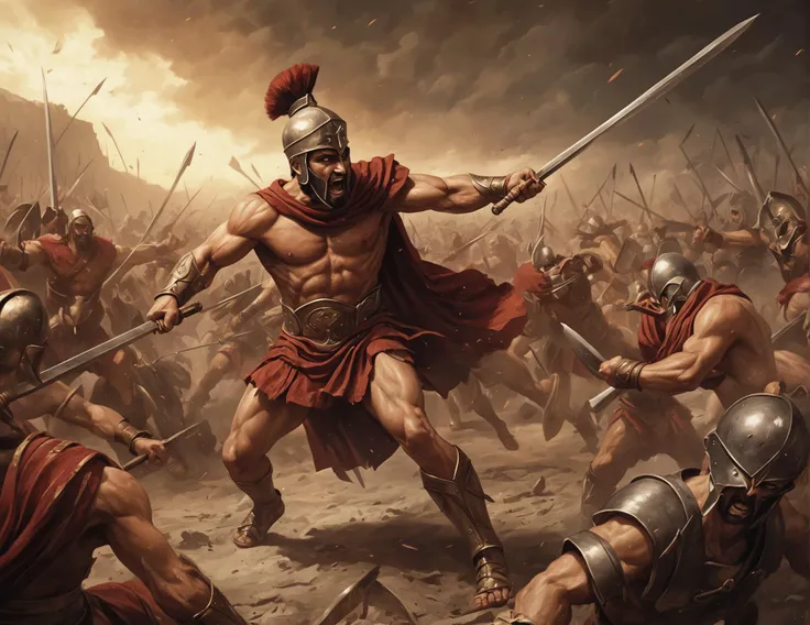 Wide angle oil painting, (King Leonidas in combat:1.3), Epic battlefield scene, Clash of swords, (Muscular warrior:1.2), Dynamic combat pose, Determined expression, Film grain details, Dramatic lighting, Hyper-detailed brushwork