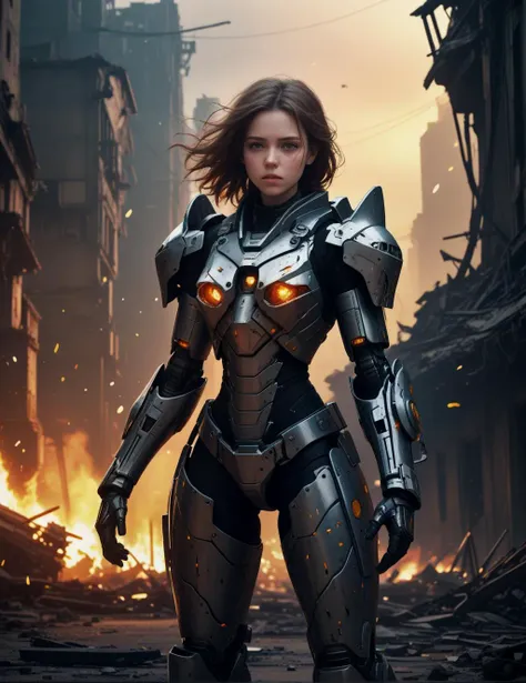 a woman in a futuristic suit standing in front of a fire