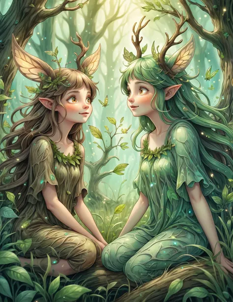 two elves sitting in the woods with their heads turned to look like they are sitting on a tree