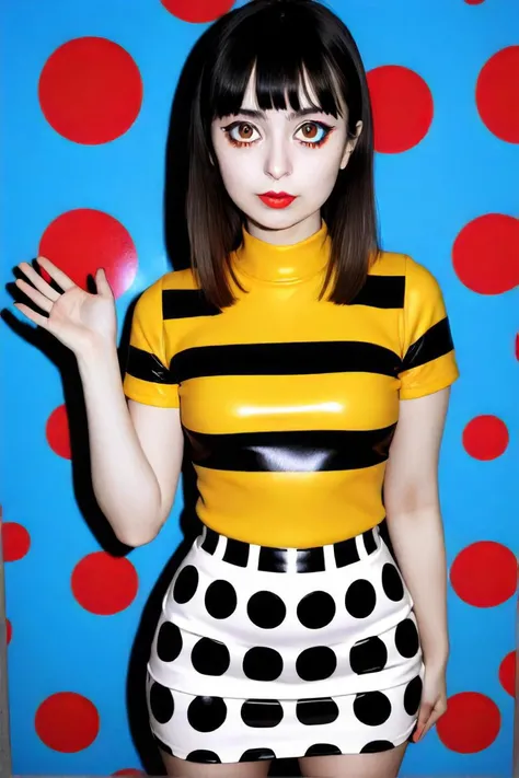 a woman in a short skirt and striped shirt posing for a picture, a photo inspired by yayou kusama, tumblr, pop art, pop art look, wearing honey themed miniskirt, colorful fashion