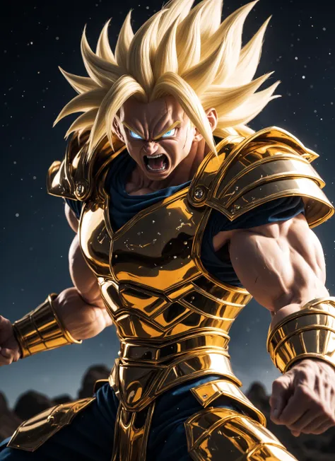 realistic 8K raw photography, (Long super Saiyan 3 blonde hair Man in diamond armor:1.3), Intricate details, (Reflective surfaces:1.2), Steel embellishments, (Super Saiyan rage aura:1.4), screaming, expelling his rage, looking at the sky, weight lifting po...