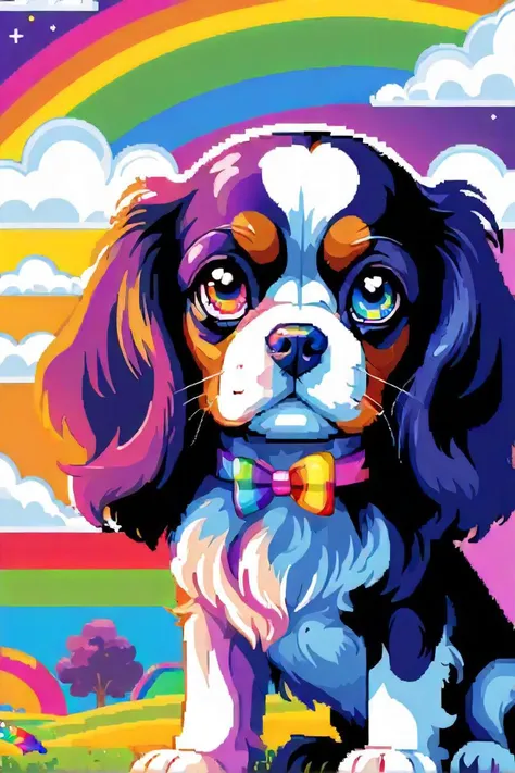 a close up of a dog sitting in a field with a rainbow in the background, portrait of a lisa frank, detailed pixel artwork, pixel artwork, lisa frank, cavalier king charles spaniel, rainbows in the background, lisa frank & sho murase, colorful pixel art, in...