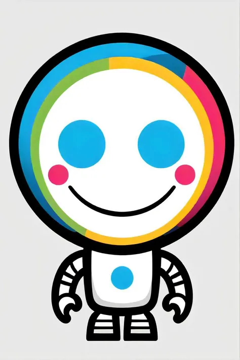 simple minimalistic shopaholic robot logo, goofball, dark background, colorful, white face, smiley face, happy, joyful, dr. seuss